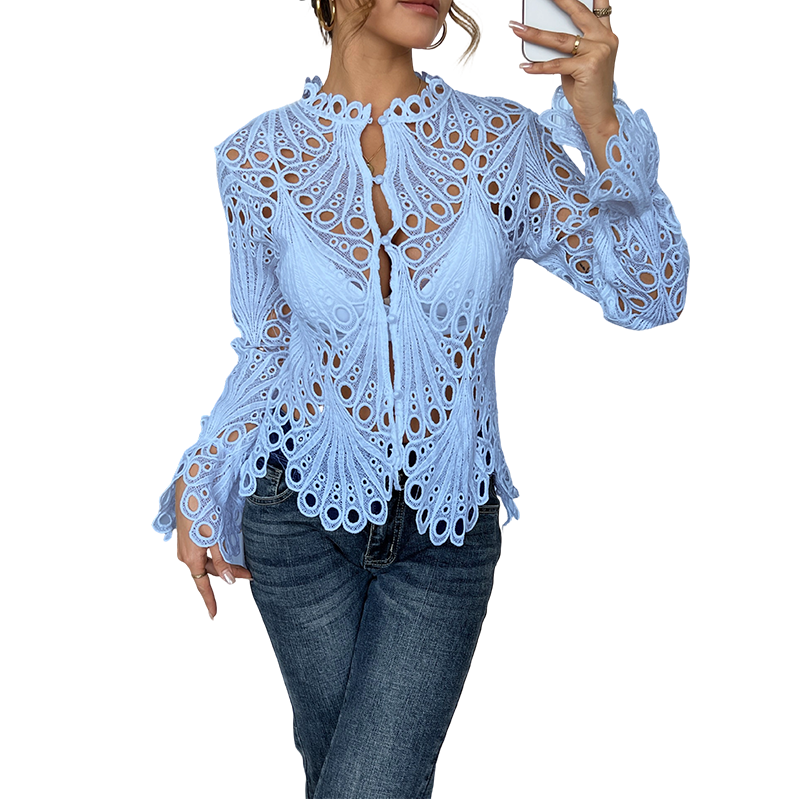 ⏰Limited-time offer👚Elegant Hollow-Out Lace Blouse with Bell Sleeves✨