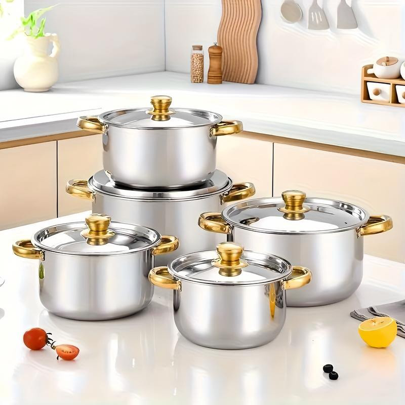 💎 -40% ON 5-PC STAINLESS STEEL SET! 💎 Thickened Pots, Glass Lids & Elegant Gold Accents for Any Stovetop