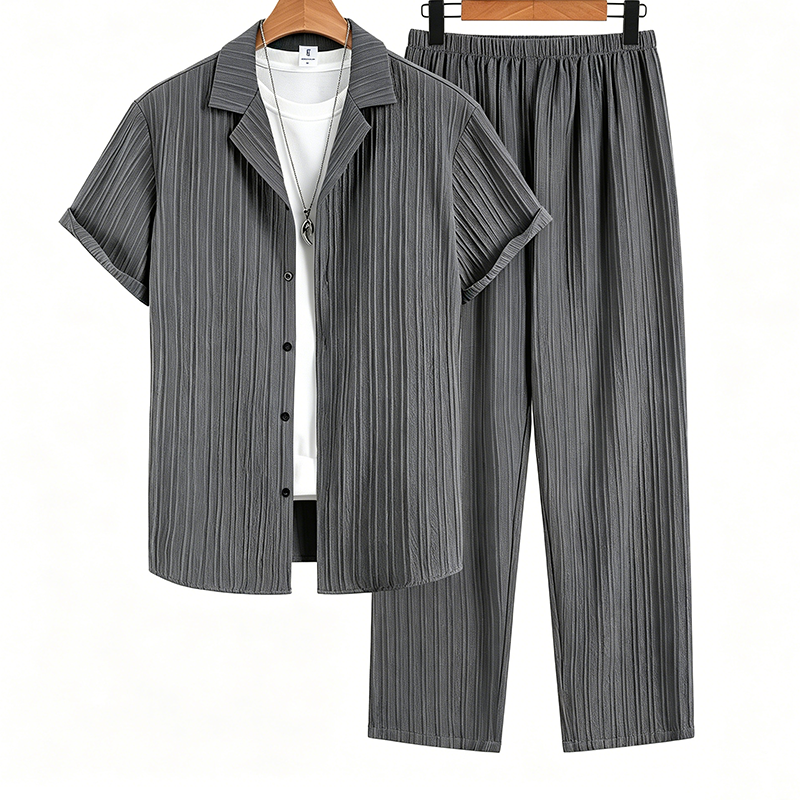 ☁️ Ribbed Comfort Set ✨Men's Ribbed Texture Shirt & Pants Set