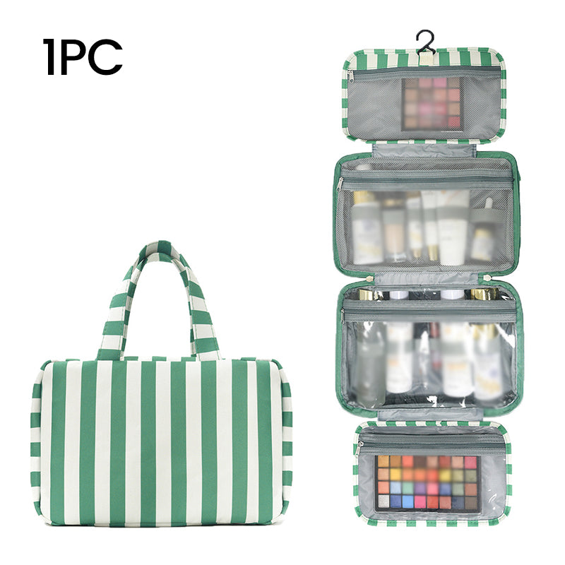 🧳 LIMITED-TIME 49% OFF! ✨ Striped Hanging Travel Toiletry Bag – 4 Compartments, Water-Resistant, Foldable 🚿