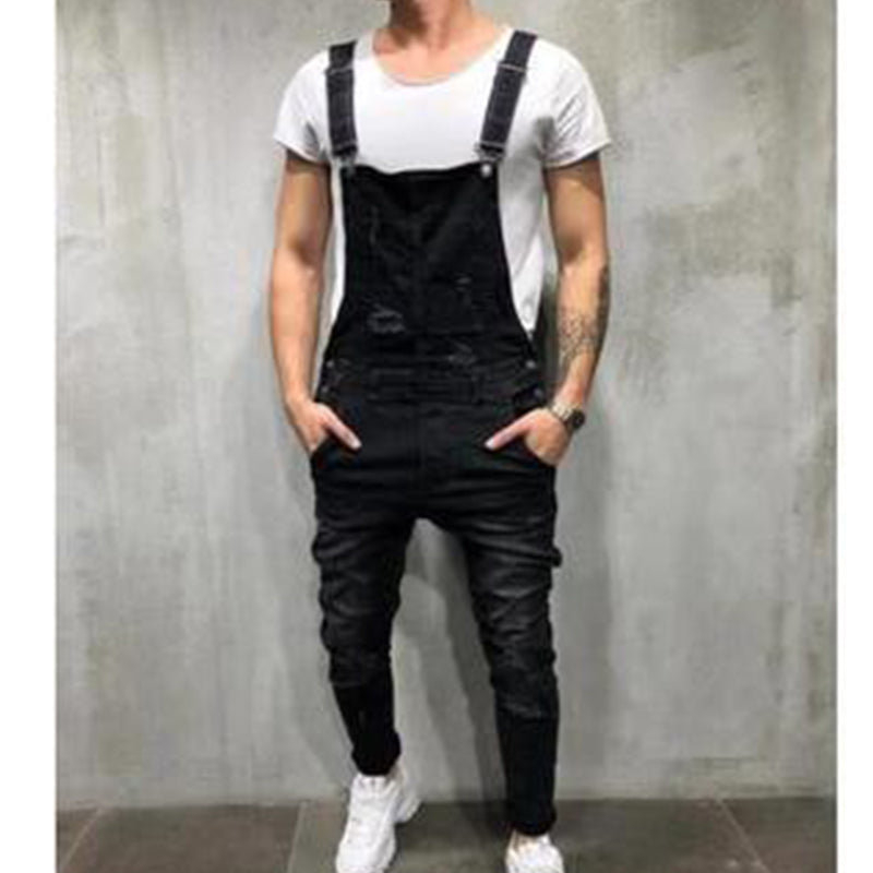 👖Men's Denim Overalls Distressed Ripped Bib Jumpsuits