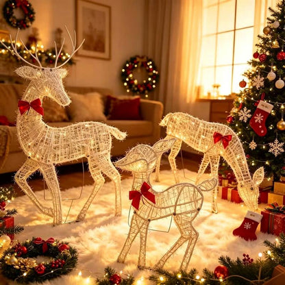 🦌49% OFF NOW! 3-Piece LED Christmas Reindeer Family Set, Lighted Rattan Woven Deer Decor with Warm White Lights & Red Bows, Indoor Outdoor Xmas Holiday Decoration