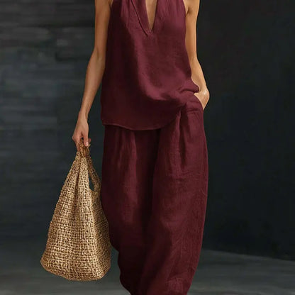 Boho Linen Two Piece Set - Halter Neck Sleeveless Top Wide Leg Pants Set