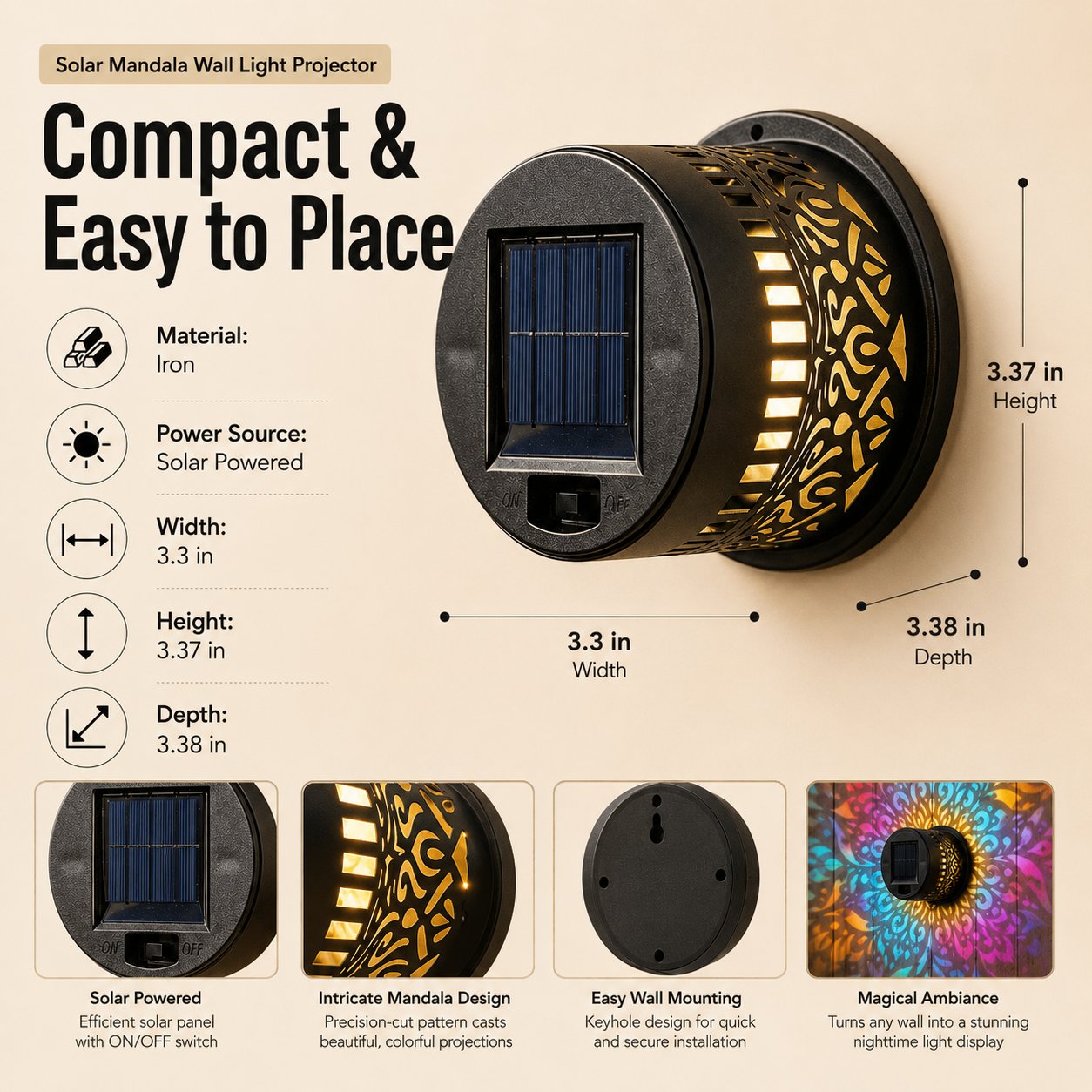 🌙⏳LIMITED-TIME 53% OFF! ⏰ Solar Mandala Wall Light – Dreamy Night Projection ✨