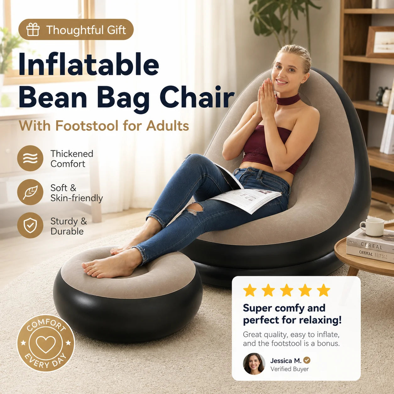 🔥Free Shipping🔥Thickened Inflatable Bean Bag Chair For Adults With Footstool
