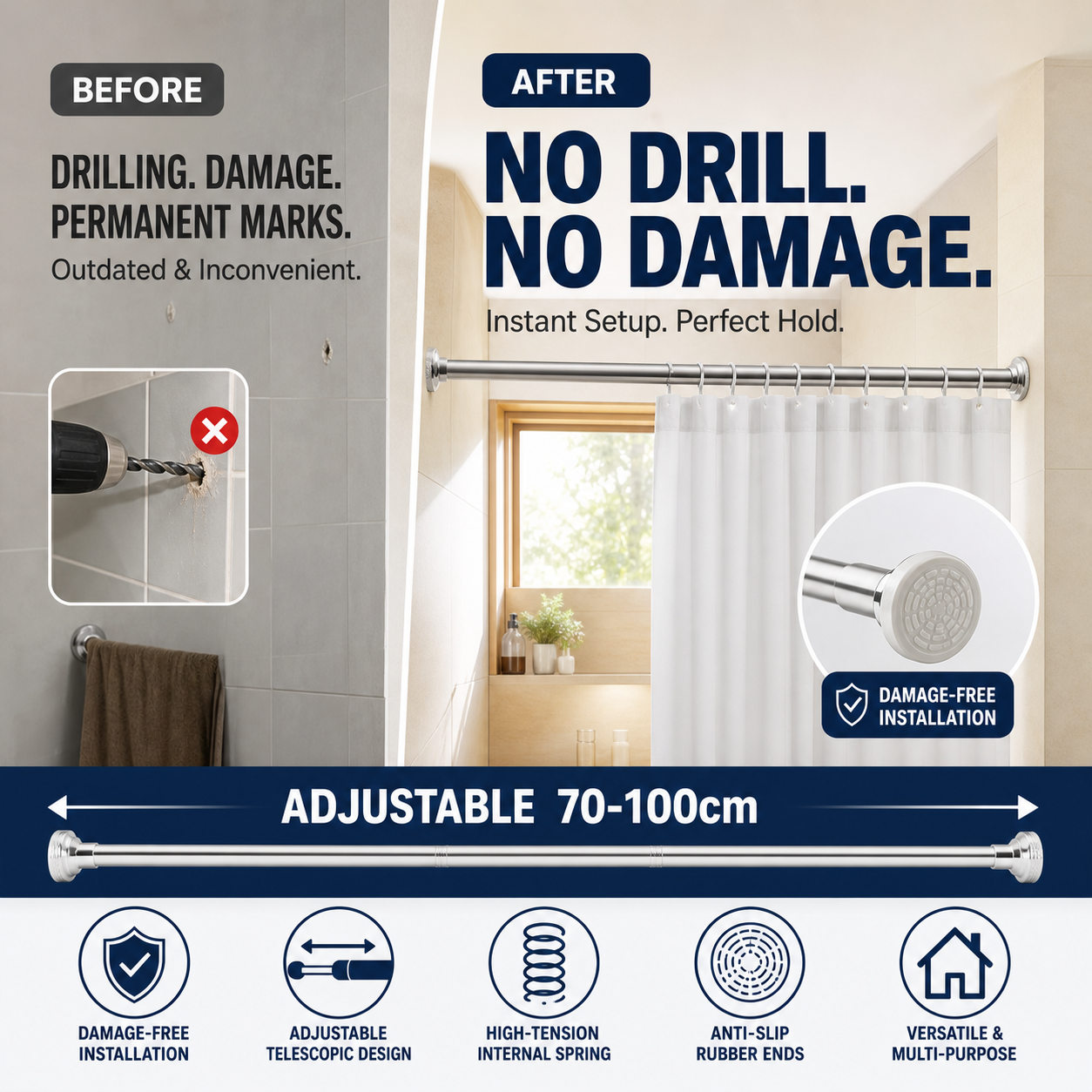 🧥49% OFF NOW! Adjustable No‑Drill Tension Rod, 70‑100cm Spring Tension Clothes Hanging Rod, No‑Damage Non‑Slip Closet Curtain Rod, Max 15KG Load for Wardrobe, Bathroom