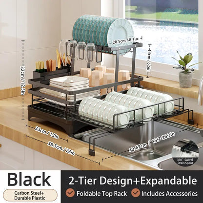 🏆Foldable Over Sink Dish Drying Rack｜Pull-Out 2-Tier Dish Drainer with Utensil Holder｜Space Saving Kitchen Organizer for Small Kitchens