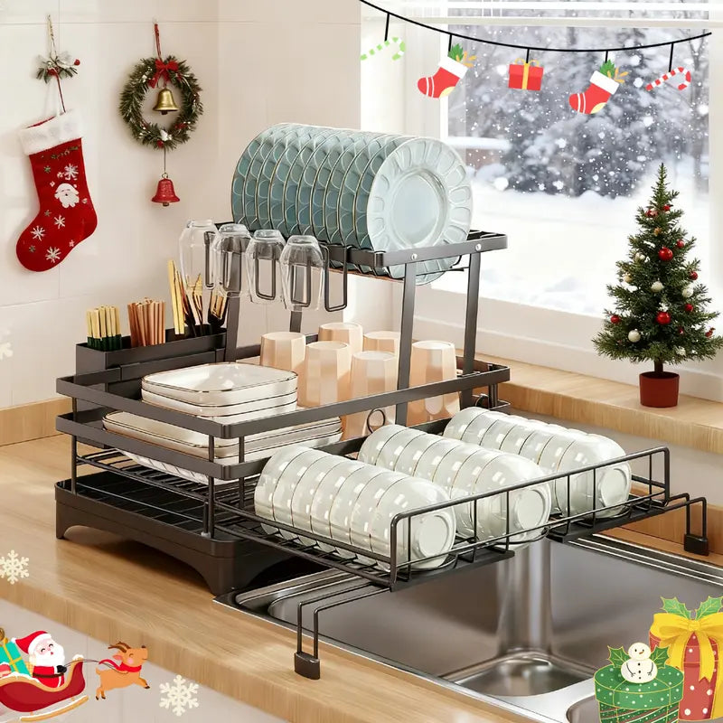 🏆Foldable Over Sink Dish Drying Rack｜Pull-Out 2-Tier Dish Drainer with Utensil Holder｜Space Saving Kitchen Organizer for Small Kitchens