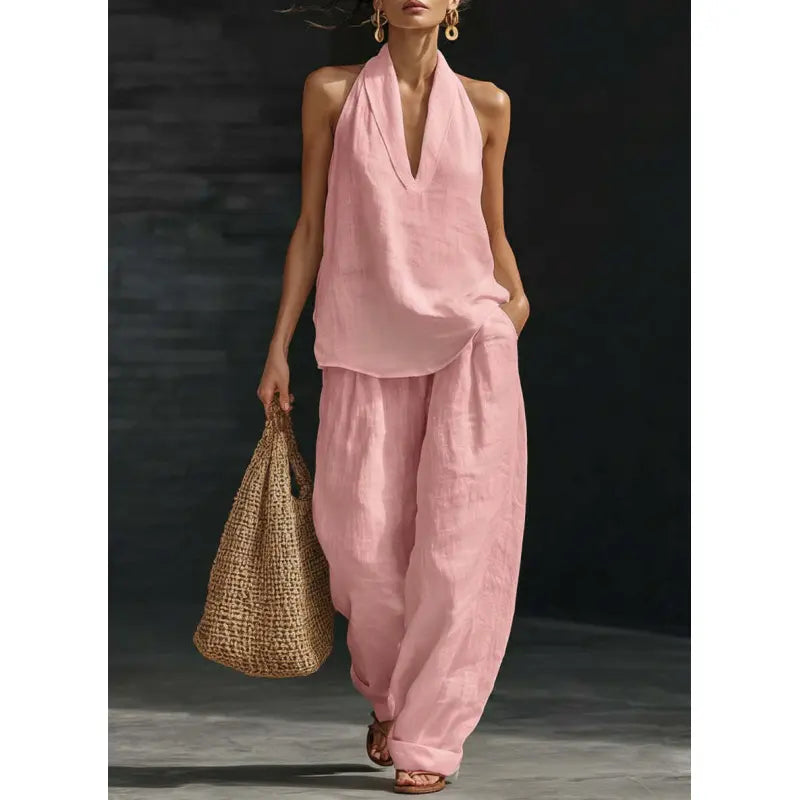 Boho Linen Two Piece Set - Halter Neck Sleeveless Top Wide Leg Pants Set
