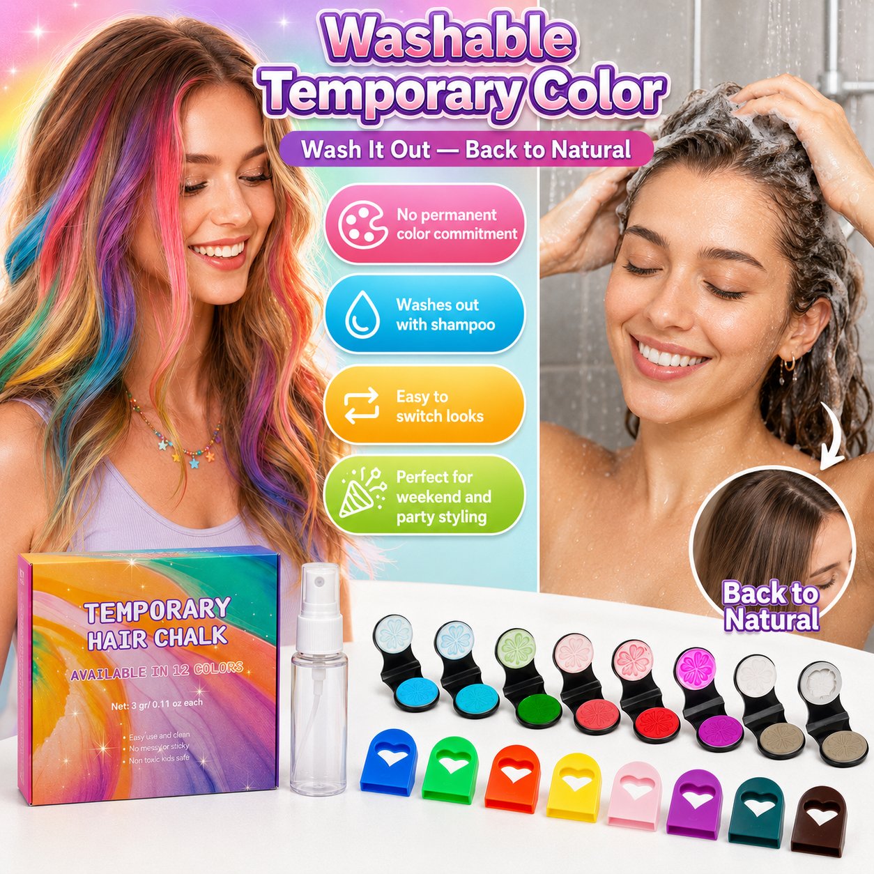 🔥Last Day 49% OFF🌈12-Color Temporary Hair Chalk Applicator Set