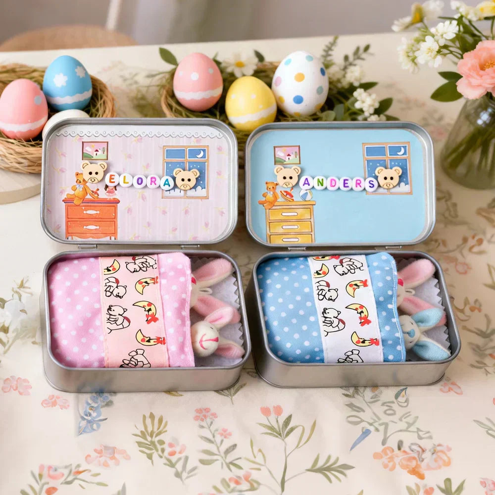 💎 49% OFF! 💎 Bunny Mummy & Baby Plush Pocket Tin – Handmade Easter Collectible with Cozy Blanket (Pink/Blue Ears) 🐇🎁