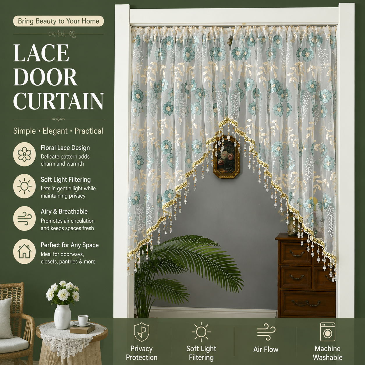 🌸Lace Short Door Curtain with Tassels