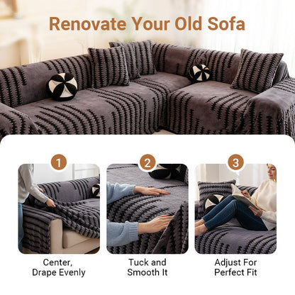 🔥49% OFF!!📢🎁 Soft Plush Non-Slip Couch Cover – Thick Striped Winter-Friendly Sofa Protector 🛋️✨