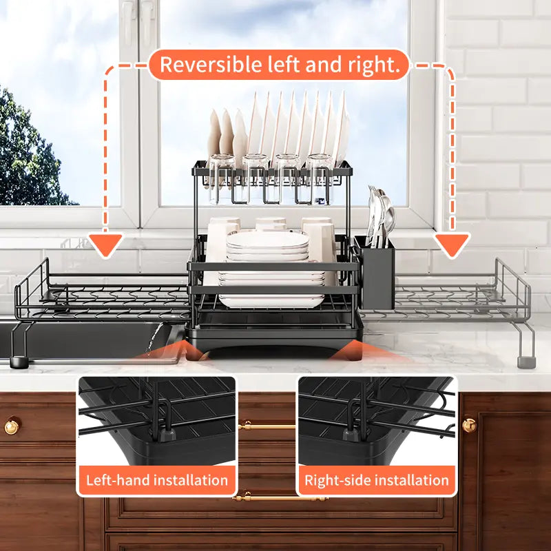 🏆Foldable Over Sink Dish Drying Rack｜Pull-Out 2-Tier Dish Drainer with Utensil Holder｜Space Saving Kitchen Organizer for Small Kitchens