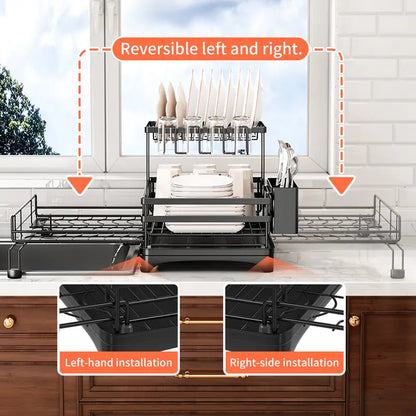 🏆Foldable Over Sink Dish Drying Rack｜Pull-Out 2-Tier Dish Drainer with Utensil Holder｜Space Saving Kitchen Organizer for Small Kitchens