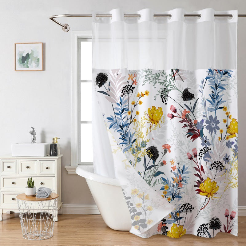 🔥HOT SALE🚿✨ Say goodbye to slippery bathrooms! Double-layered waterproof shower curtain with see-through panels – installs in 3 seconds for a dry, stylish look!