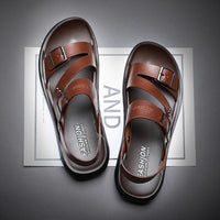 🏆LIMITED-TIME 49% OFF! ✨ Men's Leather Beach Sandals – Cowhide Upper, Non-Slip Sole, Open Toe 🌊