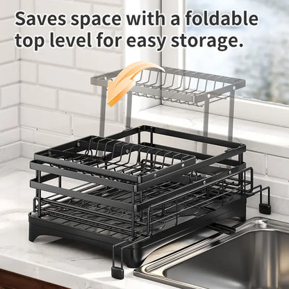 🏆Foldable Over Sink Dish Drying Rack｜Pull-Out 2-Tier Dish Drainer with Utensil Holder｜Space Saving Kitchen Organizer for Small Kitchens