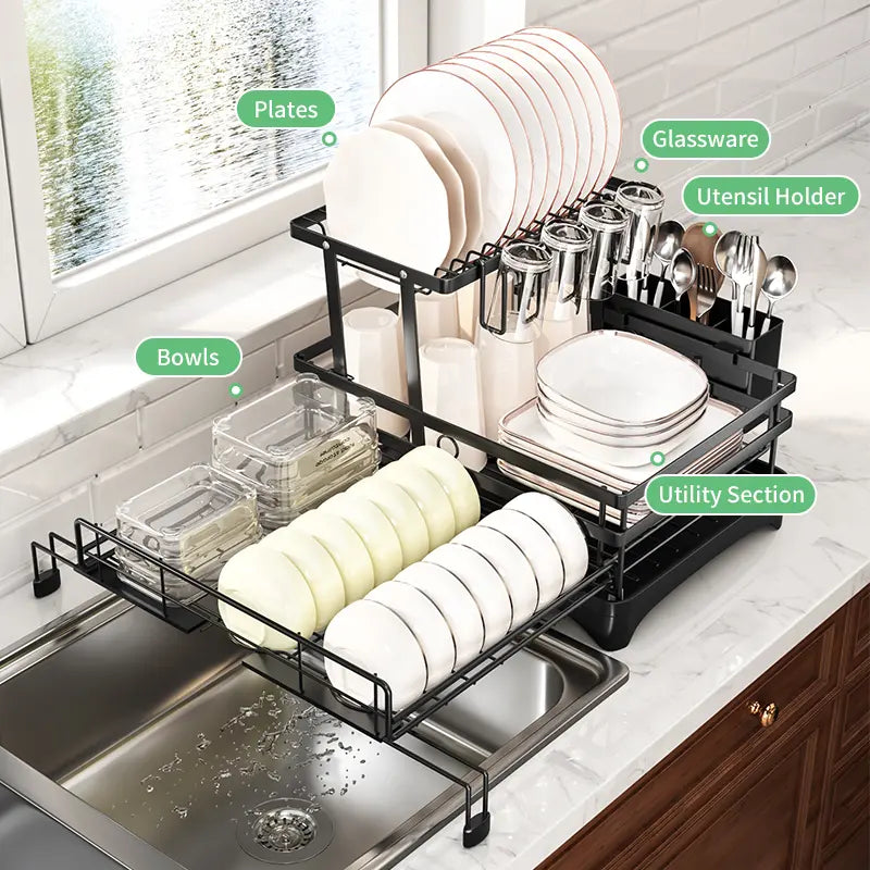 🏆Foldable Over Sink Dish Drying Rack｜Pull-Out 2-Tier Dish Drainer with Utensil Holder｜Space Saving Kitchen Organizer for Small Kitchens