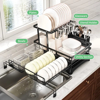 🏆Foldable Over Sink Dish Drying Rack｜Pull-Out 2-Tier Dish Drainer with Utensil Holder｜Space Saving Kitchen Organizer for Small Kitchens