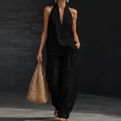 Boho Linen Two Piece Set - Halter Neck Sleeveless Top Wide Leg Pants Set