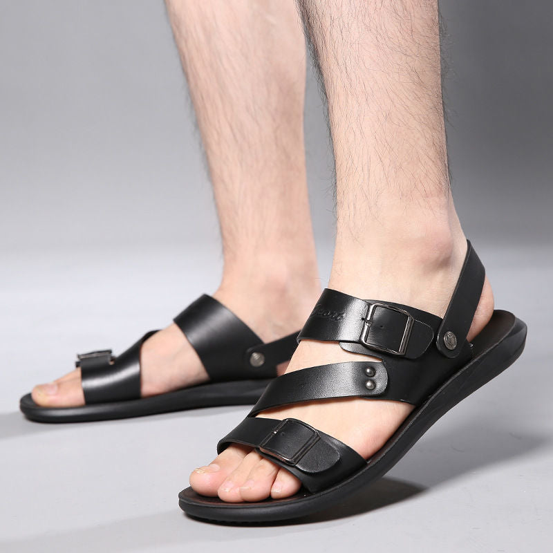 🏆LIMITED-TIME 49% OFF! ✨ Men's Leather Beach Sandals – Cowhide Upper, Non-Slip Sole, Open Toe 🌊