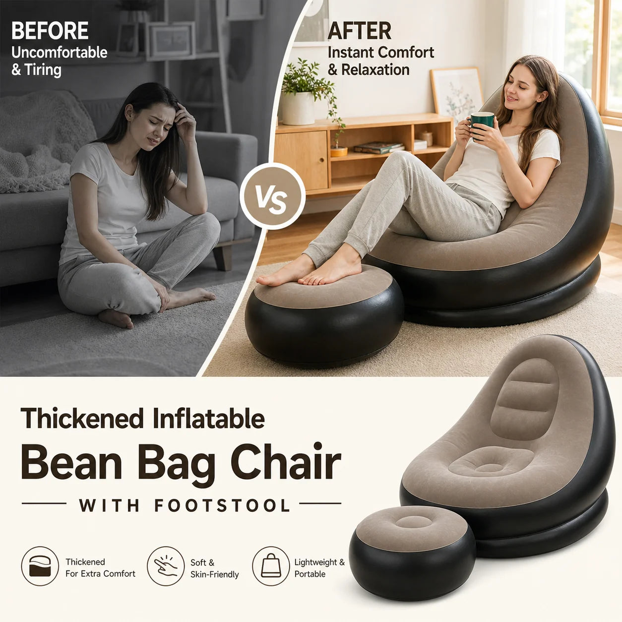 🔥Free Shipping🔥Thickened Inflatable Bean Bag Chair For Adults With Footstool
