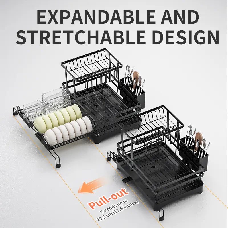 🏆Foldable Over Sink Dish Drying Rack｜Pull-Out 2-Tier Dish Drainer with Utensil Holder｜Space Saving Kitchen Organizer for Small Kitchens