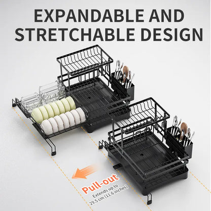 🏆Foldable Over Sink Dish Drying Rack｜Pull-Out 2-Tier Dish Drainer with Utensil Holder｜Space Saving Kitchen Organizer for Small Kitchens