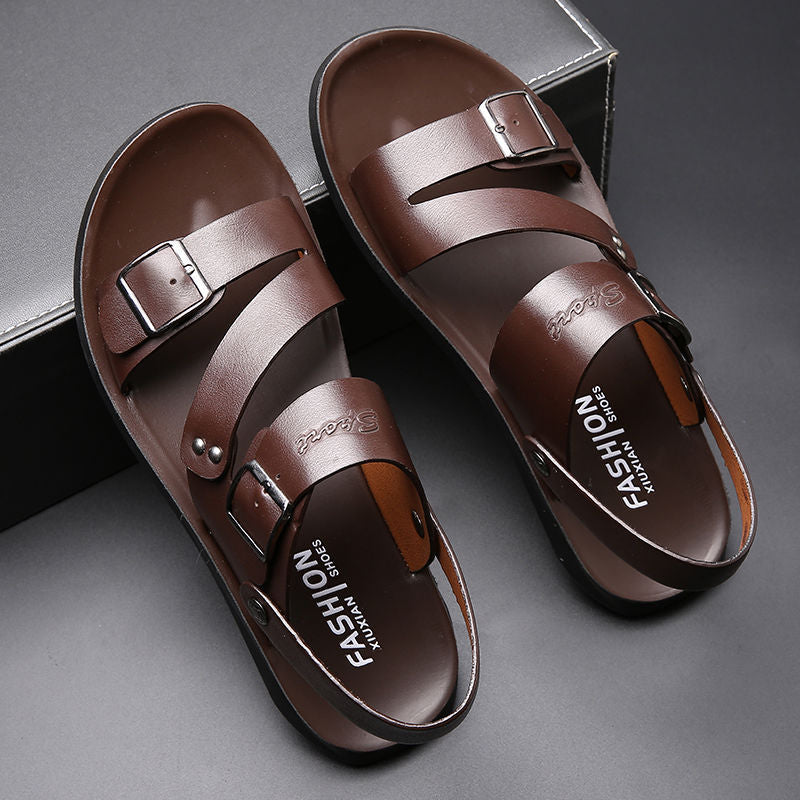 🏆LIMITED-TIME 49% OFF! ✨ Men's Leather Beach Sandals – Cowhide Upper, Non-Slip Sole, Open Toe 🌊
