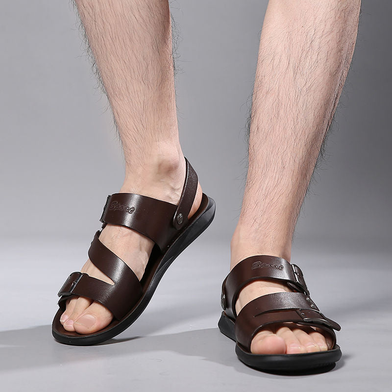 🏆LIMITED-TIME 49% OFF! ✨ Men's Leather Beach Sandals – Cowhide Upper, Non-Slip Sole, Open Toe 🌊