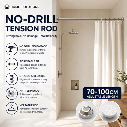 🧥49% OFF NOW! Adjustable No‑Drill Tension Rod, 70‑100cm Spring Tension Clothes Hanging Rod, No‑Damage Non‑Slip Closet Curtain Rod, Max 15KG Load for Wardrobe, Bathroom
