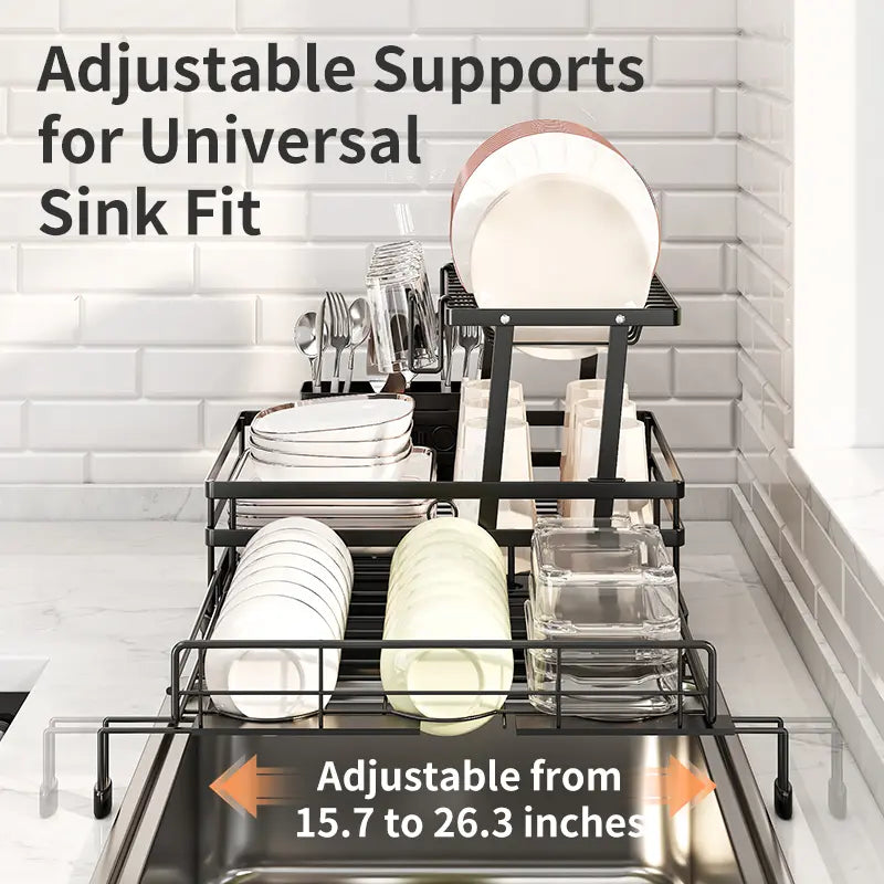 🏆Foldable Over Sink Dish Drying Rack｜Pull-Out 2-Tier Dish Drainer with Utensil Holder｜Space Saving Kitchen Organizer for Small Kitchens
