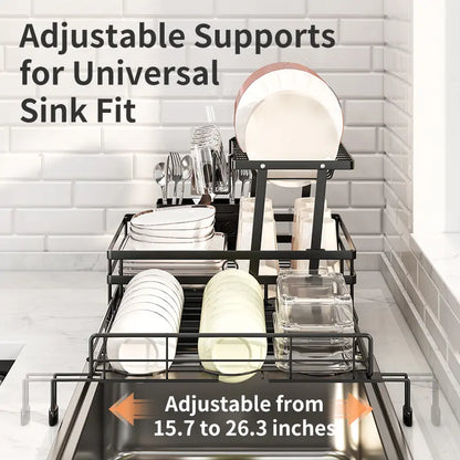 🏆Foldable Over Sink Dish Drying Rack｜Pull-Out 2-Tier Dish Drainer with Utensil Holder｜Space Saving Kitchen Organizer for Small Kitchens