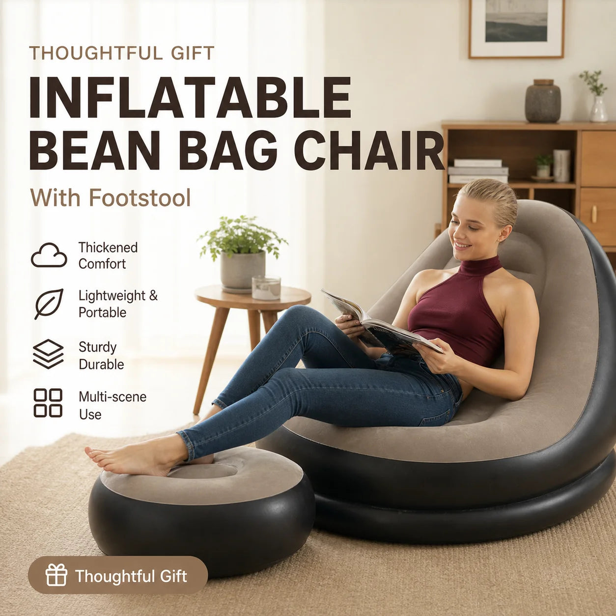 🔥Free Shipping🔥Thickened Inflatable Bean Bag Chair For Adults With Footstool