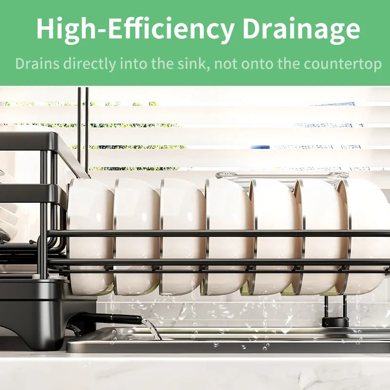 🏆Foldable Over Sink Dish Drying Rack｜Pull-Out 2-Tier Dish Drainer with Utensil Holder｜Space Saving Kitchen Organizer for Small Kitchens