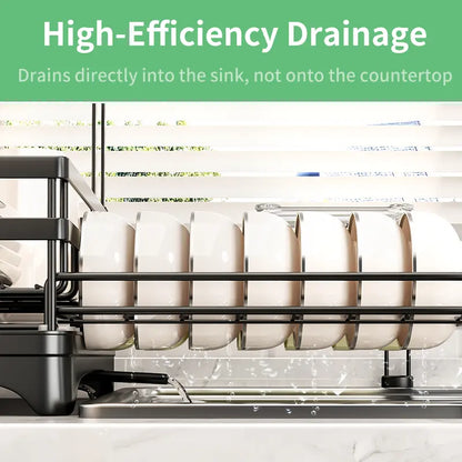🏆Foldable Over Sink Dish Drying Rack｜Pull-Out 2-Tier Dish Drainer with Utensil Holder｜Space Saving Kitchen Organizer for Small Kitchens
