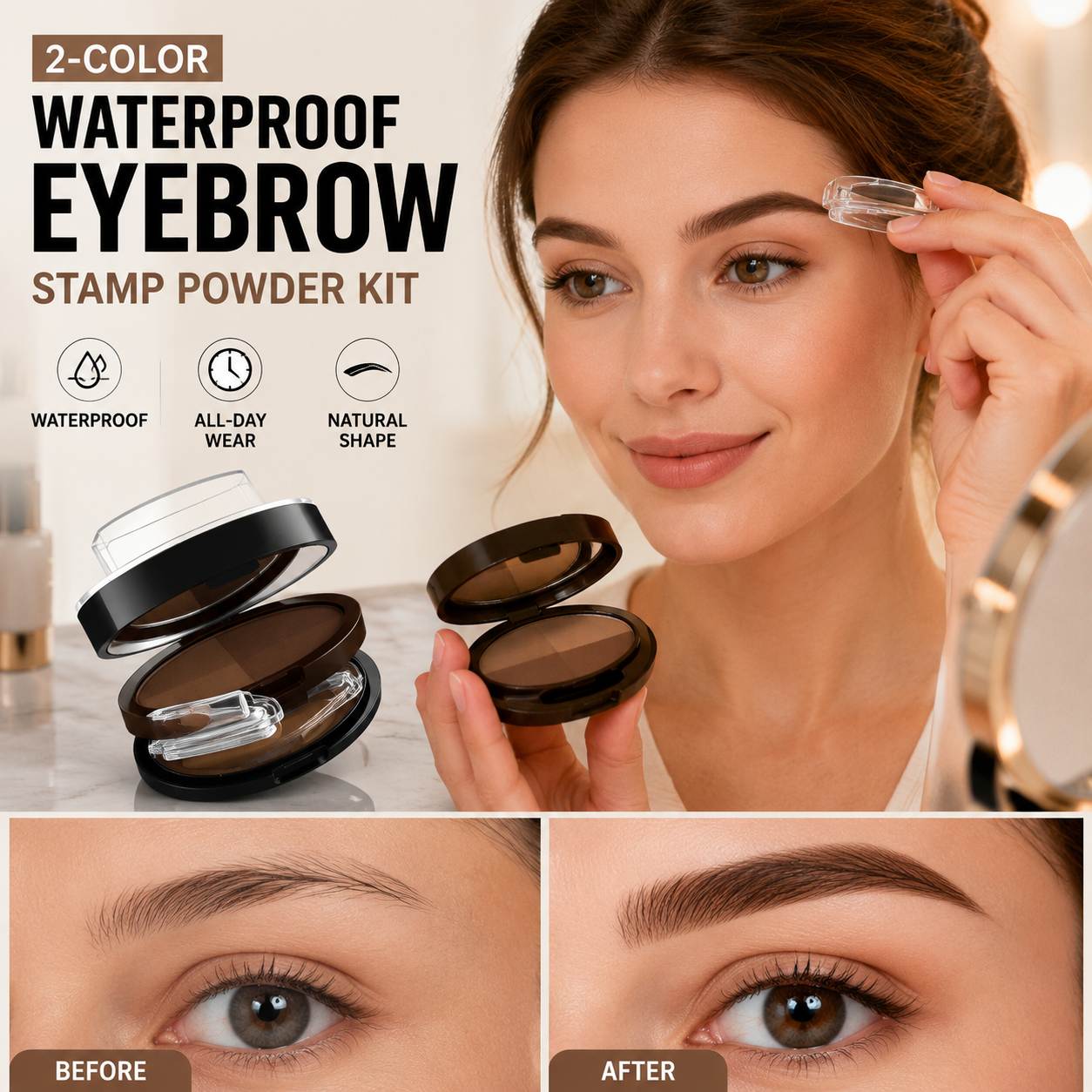 💄49% OFF NOW ! 🖌️2-Color Waterproof Eyebrow Stamp Powder Kit, Smudge-Proof Quick Natural Full Brow Makeup with Dual-End Brush
