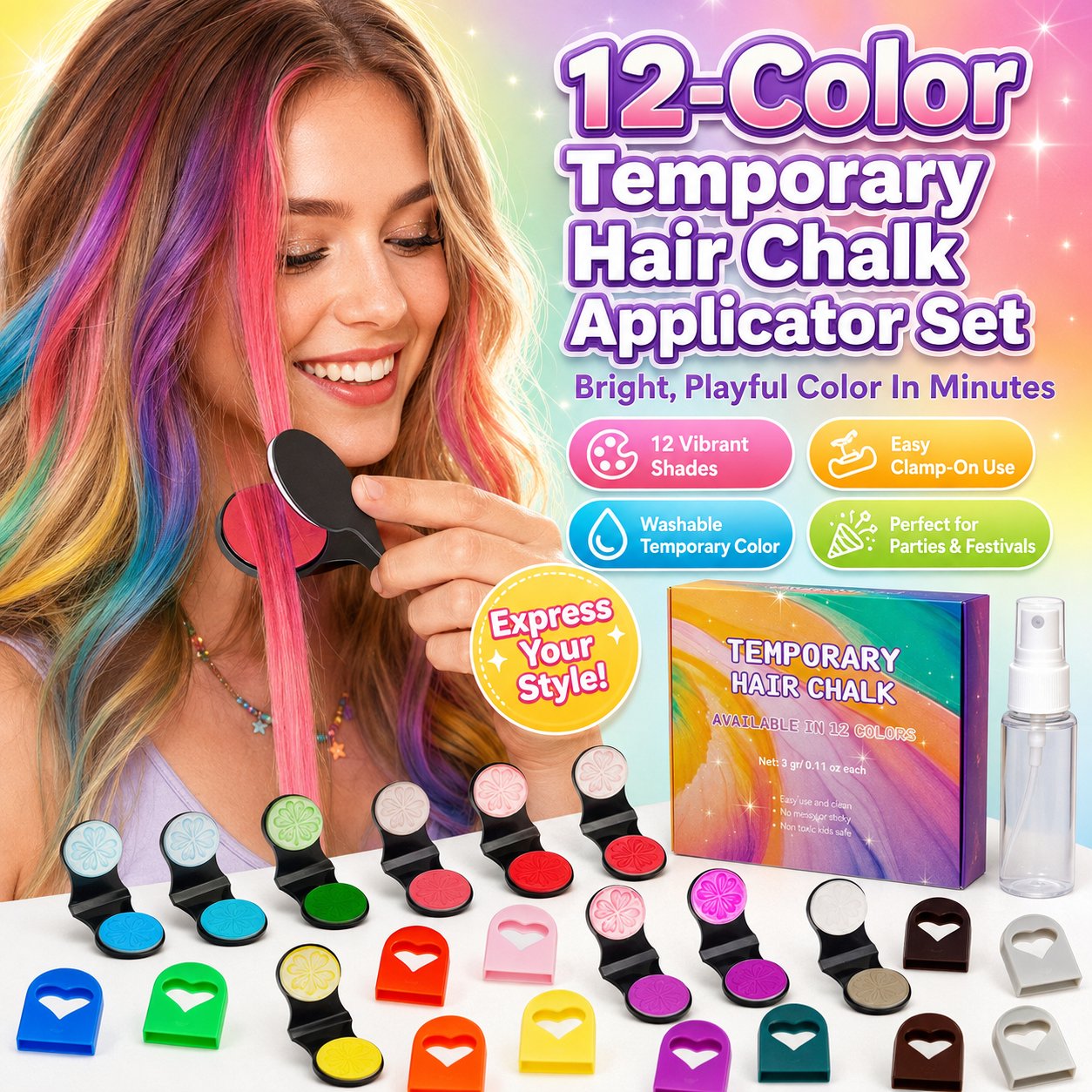 🔥Last Day 49% OFF🌈12-Color Temporary Hair Chalk Applicator Set