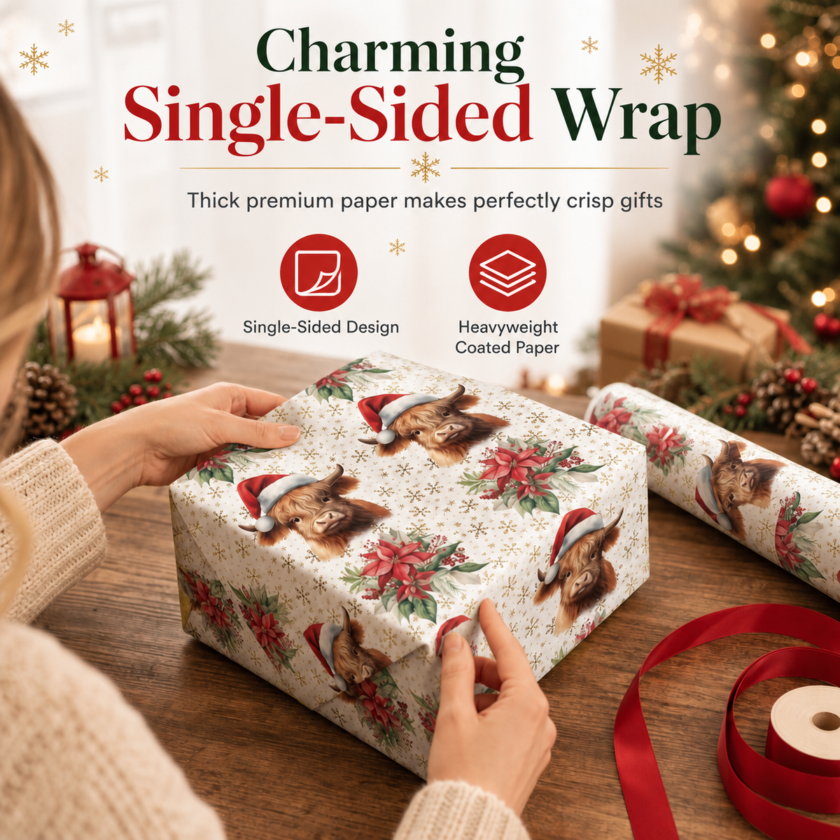 🎄Christmas Highland Cow and Floral Gift Wrapping Paper Roll 43x500cm Holiday Present Wrap
