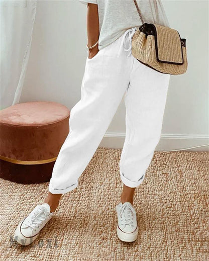 👖🌞Casual Cotton and Linen Pants for Women – Breathable, High-Waisted & Ankle-Length Elegance🤍