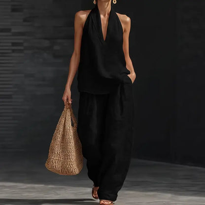 Boho Linen Two Piece Set - Halter Neck Sleeveless Top Wide Leg Pants Set