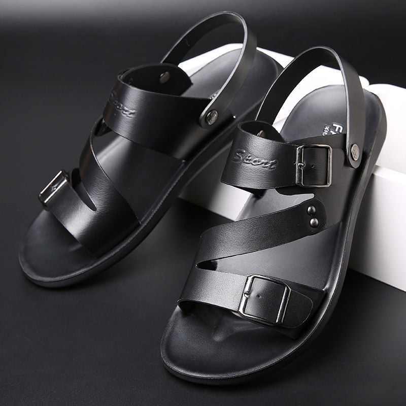 🏆LIMITED-TIME 49% OFF! ✨ Men's Leather Beach Sandals – Cowhide Upper, Non-Slip Sole, Open Toe 🌊
