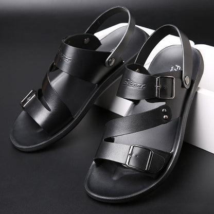 🏆LIMITED-TIME 49% OFF! ✨ Men's Leather Beach Sandals – Cowhide Upper, Non-Slip Sole, Open Toe 🌊