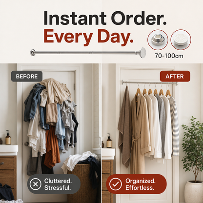 🧥49% OFF NOW! Adjustable No‑Drill Tension Rod, 70‑100cm Spring Tension Clothes Hanging Rod, No‑Damage Non‑Slip Closet Curtain Rod, Max 15KG Load for Wardrobe, Bathroom