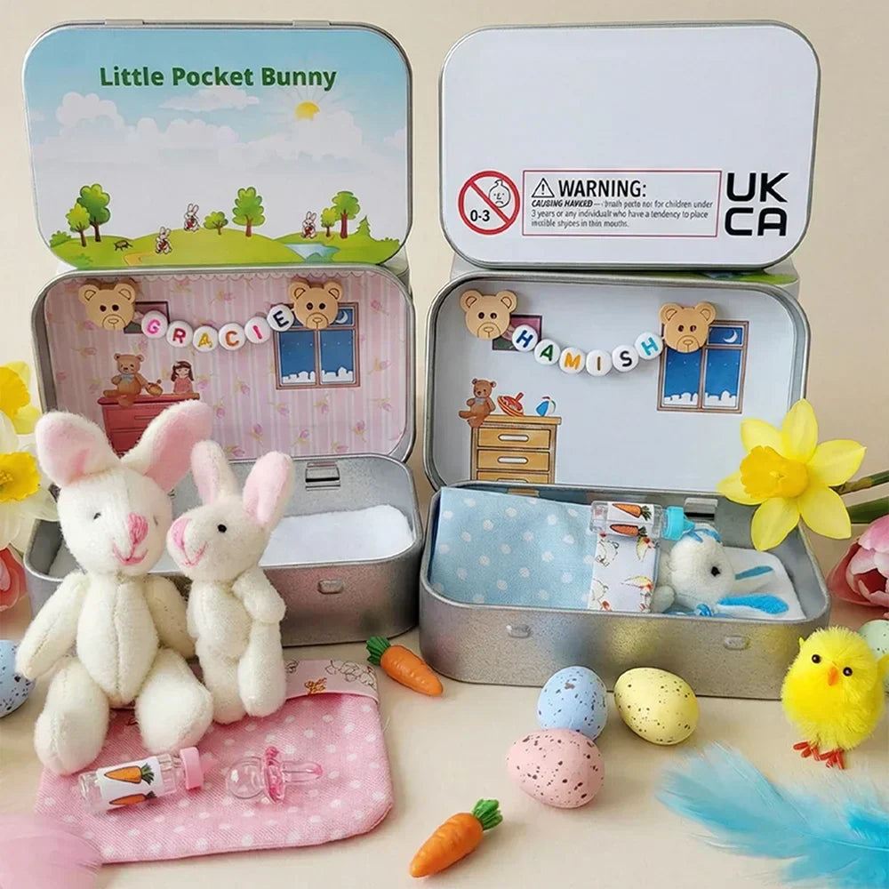 💎 49% OFF! 💎 Bunny Mummy & Baby Plush Pocket Tin – Handmade Easter Collectible with Cozy Blanket (Pink/Blue Ears) 🐇🎁