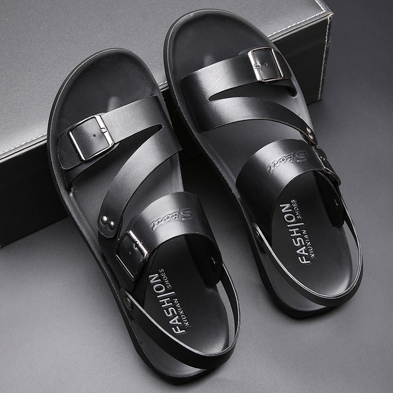 🏆LIMITED-TIME 49% OFF! ✨ Men's Leather Beach Sandals – Cowhide Upper, Non-Slip Sole, Open Toe 🌊