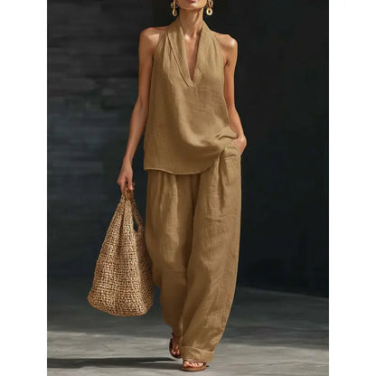 Boho Linen Two Piece Set - Halter Neck Sleeveless Top Wide Leg Pants Set