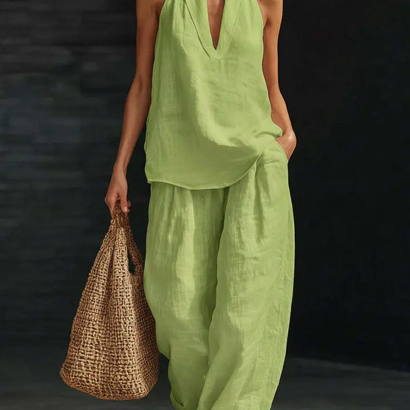 Boho Linen Two Piece Set - Halter Neck Sleeveless Top Wide Leg Pants Set