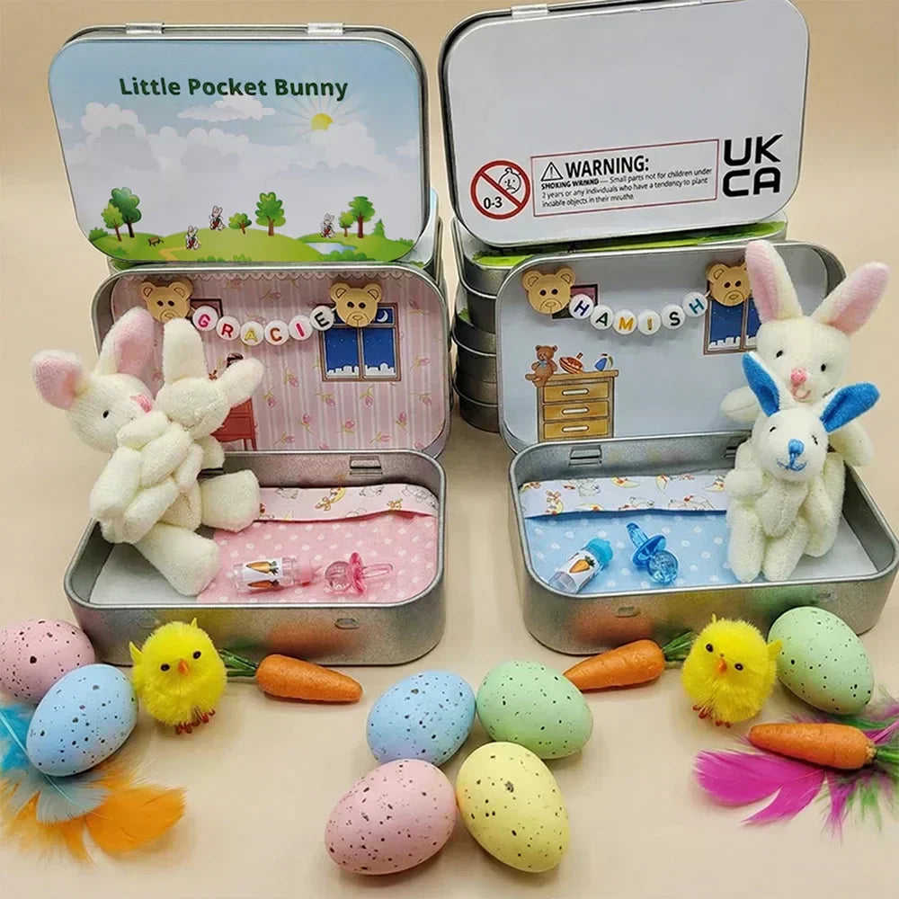 💎 49% OFF! 💎 Bunny Mummy & Baby Plush Pocket Tin – Handmade Easter Collectible with Cozy Blanket (Pink/Blue Ears) 🐇🎁